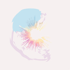 Abstract digital art with light blue, pink, and yellow radiating from a central point.