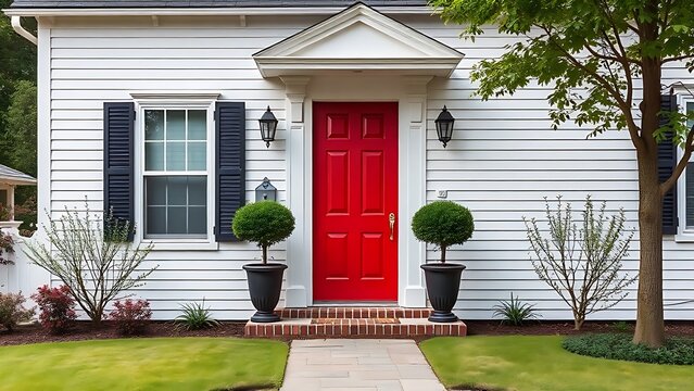 Traditional house with a vibrant red door and white siding, set against a manicured front yard under even daylight.
