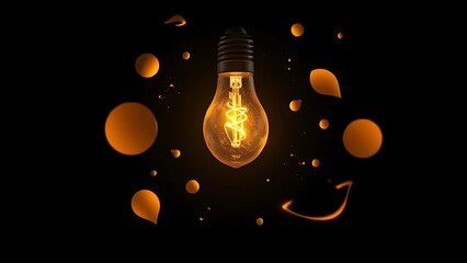 A glowing lightbulb surrounded by floating abstract shapes, radiating warm light against a dark gradient background.