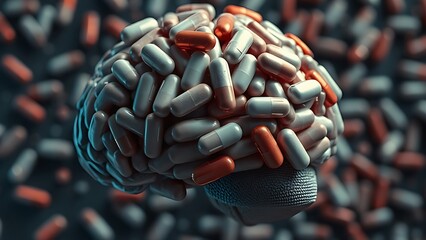 A fragmented human brain intertwined with painkiller capsules, reflecting distorted memories in glossy surfaces.