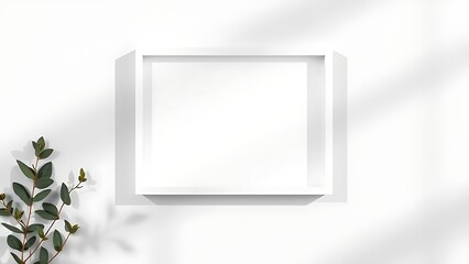 Minimalist white frame floating on light grey background with botanical shadows.