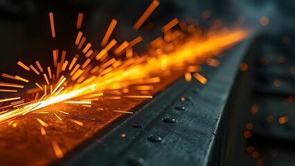 Close-up of glowing orange sparks on textured metal in a dark industrial environment.