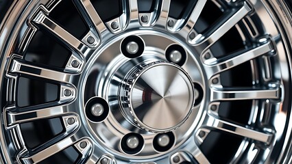 Polished metal wheel with industrial chrome texture, minimalist studio lighting showcase.