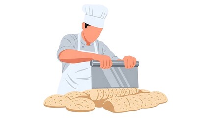 Baker skillfully preparing dough with a bench scraper surrounded by fresh bread.