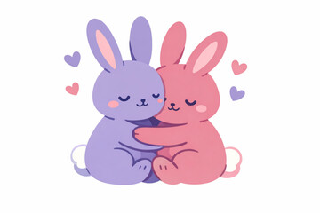 Obraz premium Cute Bunny Couple Hugging with Floating Hearts Flat Valentine Illustration on White Background