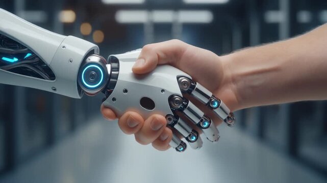 closeup shot of a human hand shaking hands with a robotic hand