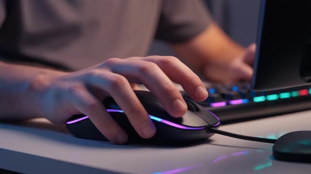 closeup shot of person hand holding a computer mouse gaming with led neon on a desk