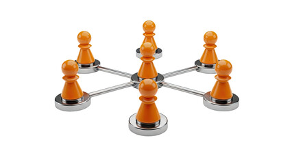 3D Orange pawns connected in a network on transparent background