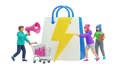 3D People pushing shopping bag with lightning bolt on transparent background