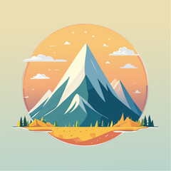 Stylized mountain landscape illustration with snow-capped peaks, trees, and a warm color palette.