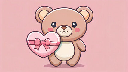 Obraz premium Cute cartoon teddy bear holding a pink heart-shaped gift box with a ribbon on a pink background