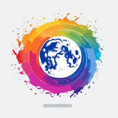 Colorful moon illustration with rainbow splatter background.