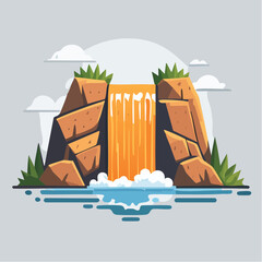 Illustration of a waterfall cascading between two rocky cliffs with vegetation and a cloudy sky in the background.