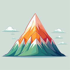 Stylized illustration of a mountain with snow-capped peaks and a gradient of colors, set against a soft background with clouds.