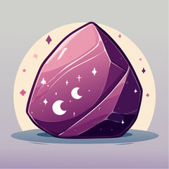Stylized purple crystal with moon and stars design, cartoon illustration.