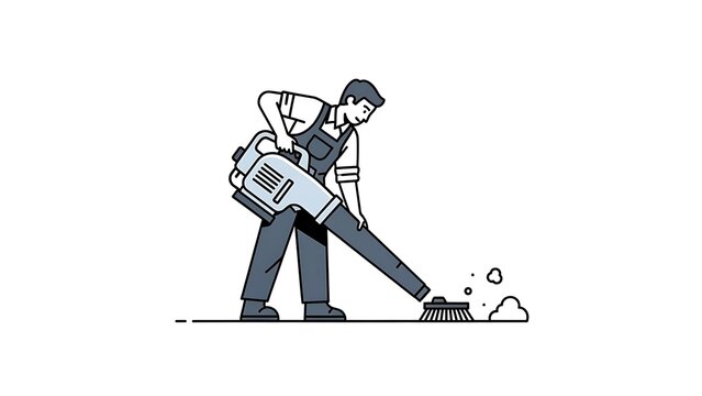 Man in Overalls Using a Leaf Blower to Clean Outdoor Area.
