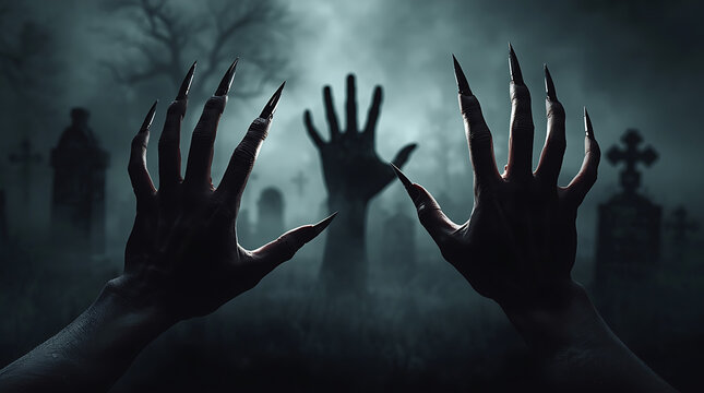 Halloween background features a shadow overlay effect with terrifying hands displaying long nails, a creepy monster claw, and a silhouette of hands, alongside a zombie hand rising from a graveyard.