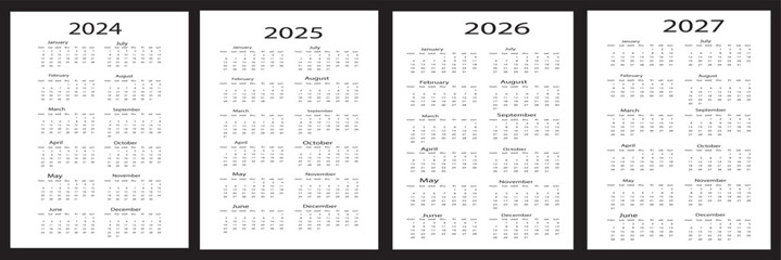 Obraz premium 2024, 2025,2026 and 27 calendar set, Week start Sunday, Simple vertical calendar design template. Corporate design planner template. Wall calendar in a minimalist
