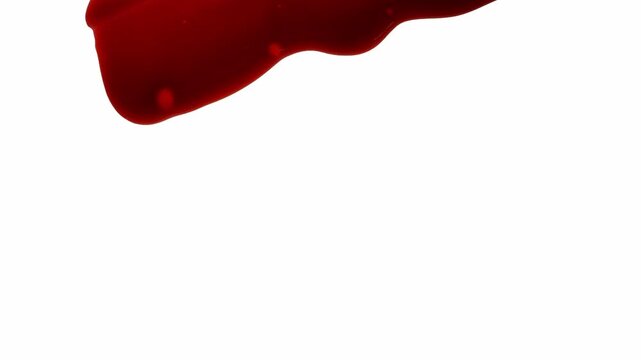 Blood dripping down from the top of the screen and covering all. White background, blood foreground, could be used as a transition or title sequence for horror.
