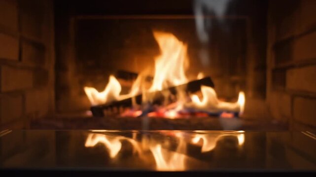 Asmr Warm fire burning in a cozy brick fireplace, with glowing logs and dancing flames reflecting below, creating a comforting indoor atmosphere.