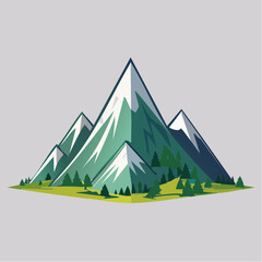 Illustration of a mountain range with snow-capped peaks and a green, grassy base with scattered trees, set against a light gray background.