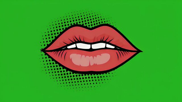 A close-up illustration of red lips talking with white teeth against a vibrant green background with a halftone effect.