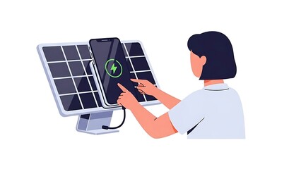Person charging smartphone using solar panel technology for sustainable energy.