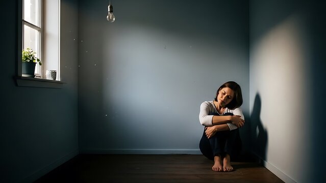 Sad woman sitting alone in room.