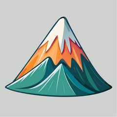 Stylized cartoon mountain with snow-capped peak, orange midsection, and green base against a gray background.