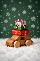 Wooden toy car transporting stacked red green silver wrapped gift boxes, festive winter holiday celebration, ideal for christmas greeting cards advertising