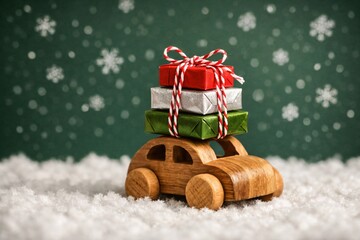 Wooden toy car carrying stacked red silver green wrapped gift boxes, festive holiday season delivery, great for greeting cards, winter promotions, family blogs