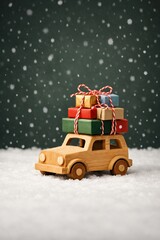 Wooden toy car loaded with festive gift box stacks driving in winter snow, celebration and holiday season travel concept, perfect for new year and christmas gift promotions
