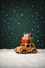 Miniature wooden car with stacked christmas gifts in snow, warm festive winter holiday delivery concept, perfect for greeting cards, new year promotions