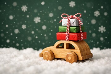 Small wooden toy car carrying christmas gift boxes on white snow, holiday season delivery, perfect for new year greeting cards promotion.