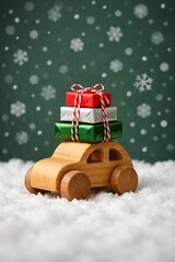 Wooden toy car loaded with festive gift boxes and wrapped gifts, delivering Christmas spirit during the winter holiday season, perfect for holiday marketing and greeting cards
