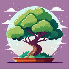 A cartoon bonsai tree with a twisted trunk and lush green leaves, set against a purple background with clouds and stars.