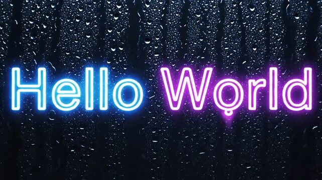 Neon Hello World Sign in Rain