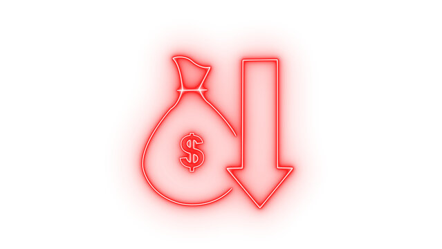 a simple line icon of a money bag with a dollar sign and a down arrow indicating financial loss or decrease isolated on transparent background