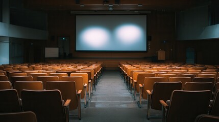 Fototapeta premium A quiet and spacious empty lecture hall displays rows of seating and a bright projection screen