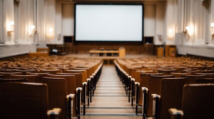 Grand empty lecture hall showcasing rows of traditional wooden seating converging towards a large blank screen