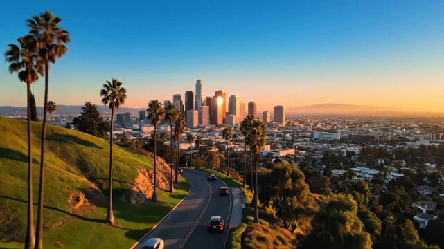 Stunning Sunset Over Downtown Los Angeles Skyline with Palm Trees and Winding Road.