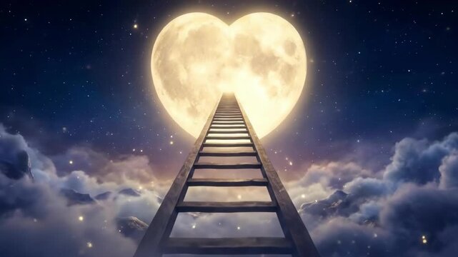 Magical 4K Seamless Loop of Ladder Reaching Heart Moon in Ethereal Night Sky Dreamscape