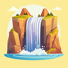 Cartoon illustration of a waterfall cascading from a cliff into a pool of water, with mountains in the background.