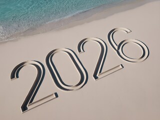2026 Elegant Curved Numbers Carved In Minimal Sand Beach Near Ocean Shoreline.