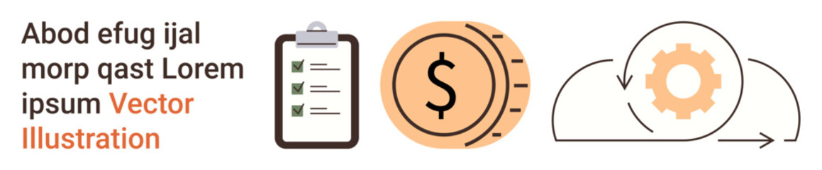 Business operations, financial planning, cloud integration, digital tools, operational efficiency, checklist systems. Includes a checklist clipboard, dollar coin and gear in cloud graphic. Business © robu_s