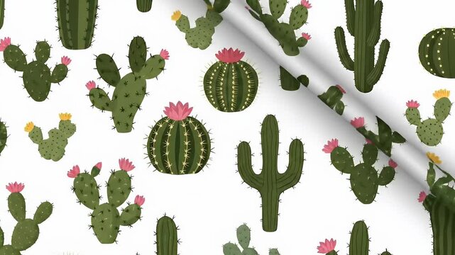 Desert Cactus Plant Variety Seamless Pattern Background Footage