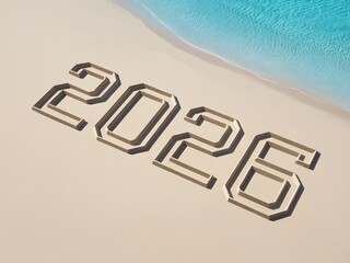 
2026 Isometric Numbers Carved In Minimal Sand Beach Near Turquoise Sea.
