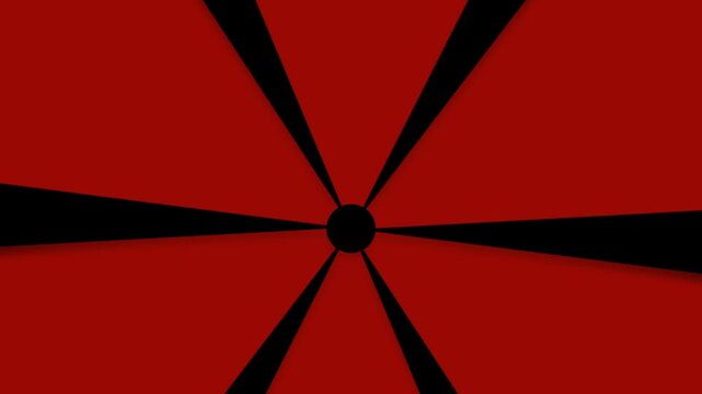 Minimalist black rays rotating around a central point on a solid red field.