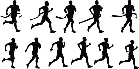 Silhouette of male runner crossing finish line, athletic race motion sequence, marathon running action, sports competition, fitness and victory concept.