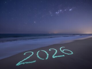 2026 Glowing Number Written On Night Beach Under Starry Sky And Ocean Waves.